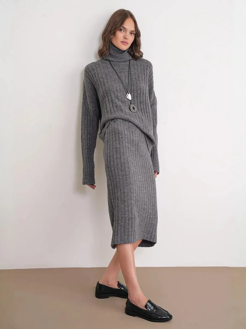 MixRay Dark Grey MIXRAY High Waist Ribbed Knit Skirt for Women | Best Price UAE